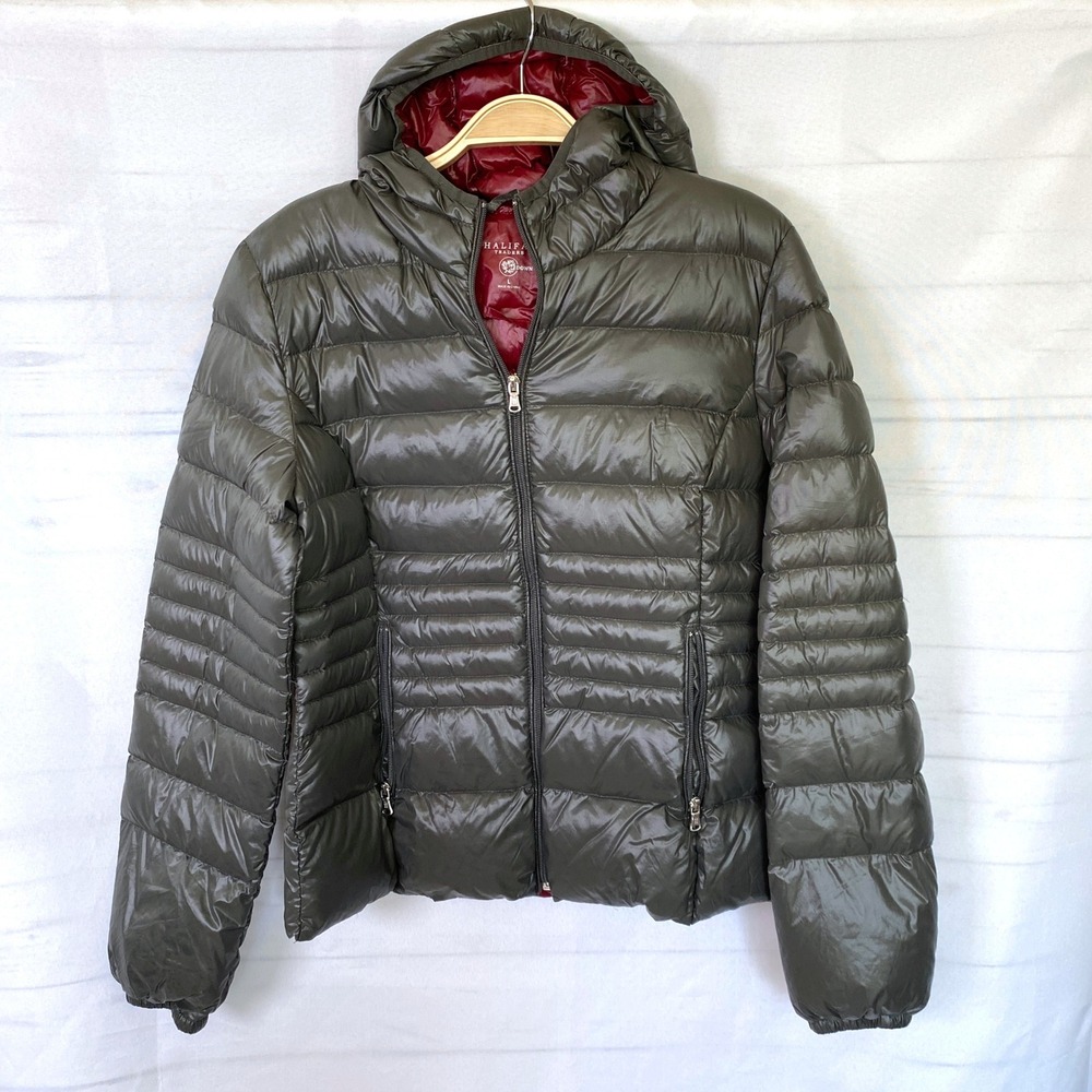 Halifax Traders Quilted Down Puffer Hooded Jacket Women L Gray Outdoor Gorpcore